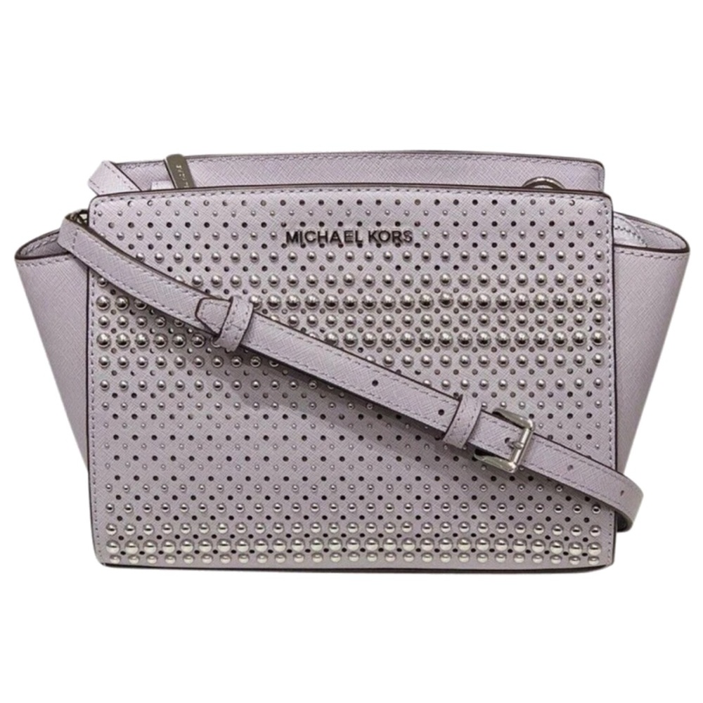 MICHAEL KORS MEDIUM SELMA SAFFIANO LEATHER SATCHEL BAG LILAC AND STUDDED SILVER